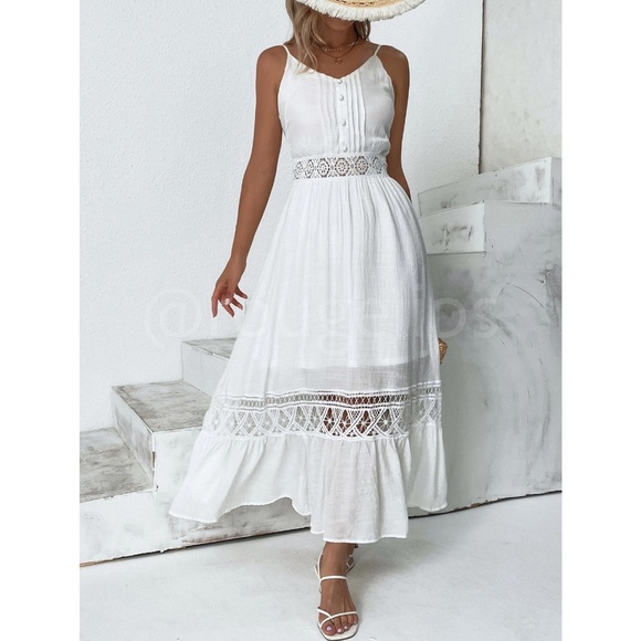 White Long Flared Maxi Dress Cami Tie Back Lace Crochet Detail - Picture 3 of 8